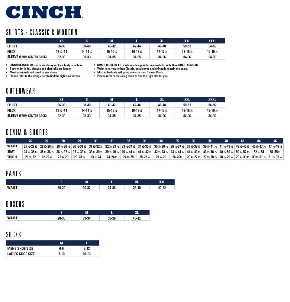 CINCH Size Chart